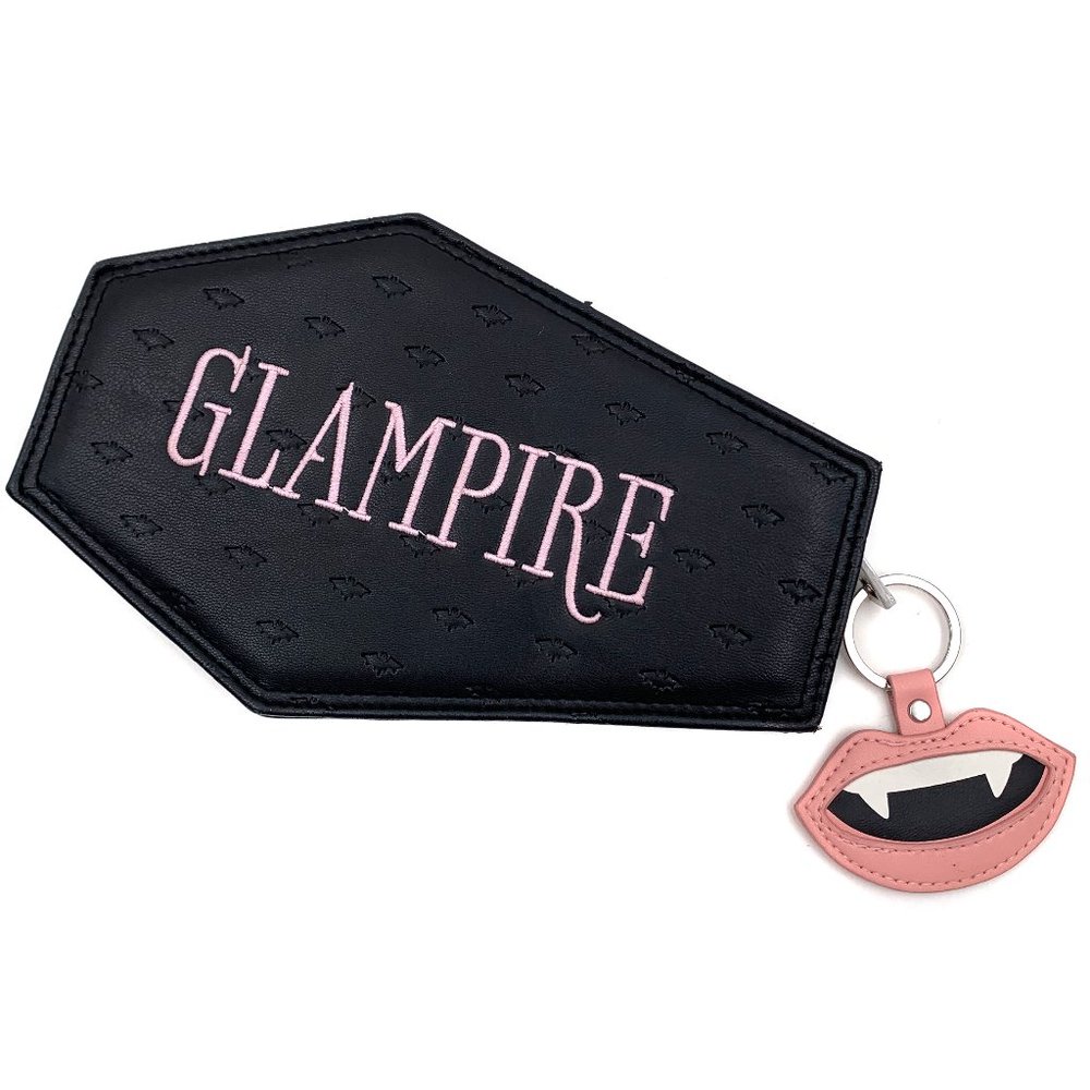 Glampire Coffin Shaped Black Bat Printed Zip up Envelope Wallet Lips Zipper Pull